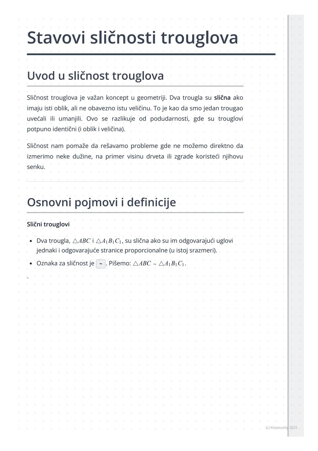 # Stavovi sličnosti trouglova

## Uvod u sličnost trouglova

Sličnost trouglova je važan koncept u geometriji. Dva trougla su slična ako
ima