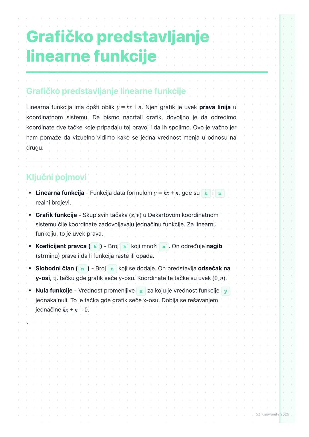 # Grafičko predstavljanje
linearne funkcije

Grafičko predstavljanje linearne funkcije

Linearna funkcija ima opšti oblik $y = kx+n$. Njen g