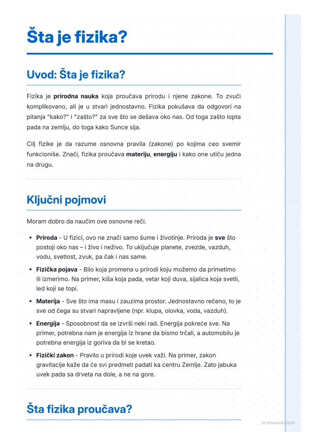 # Šta je fizika?

## Uvod: Šta je fizika?

Fizika je prirodna nauka koja proučava prirodu i njene zakone. To zvuči
komplikovano, ali je u st