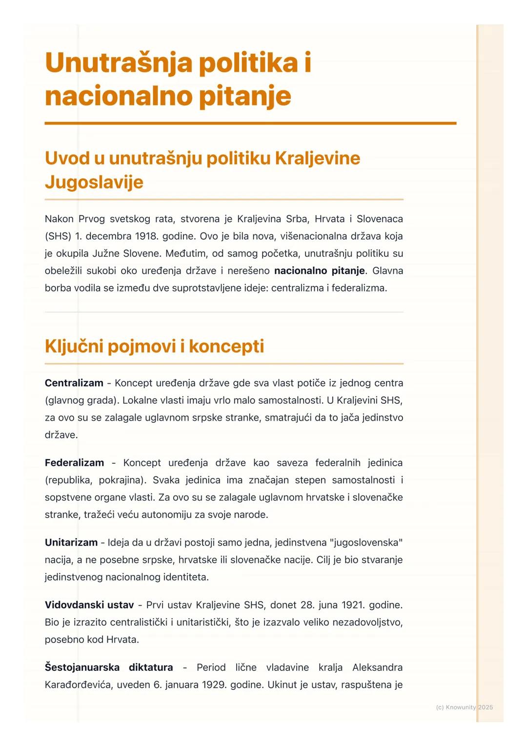 # Unutrašnja politika i
nacionalno pitanje

Uvod u unutrašnju politiku Kraljevine
Jugoslavije

Nakon Prvog svetskog rata, stvorena je Kralje