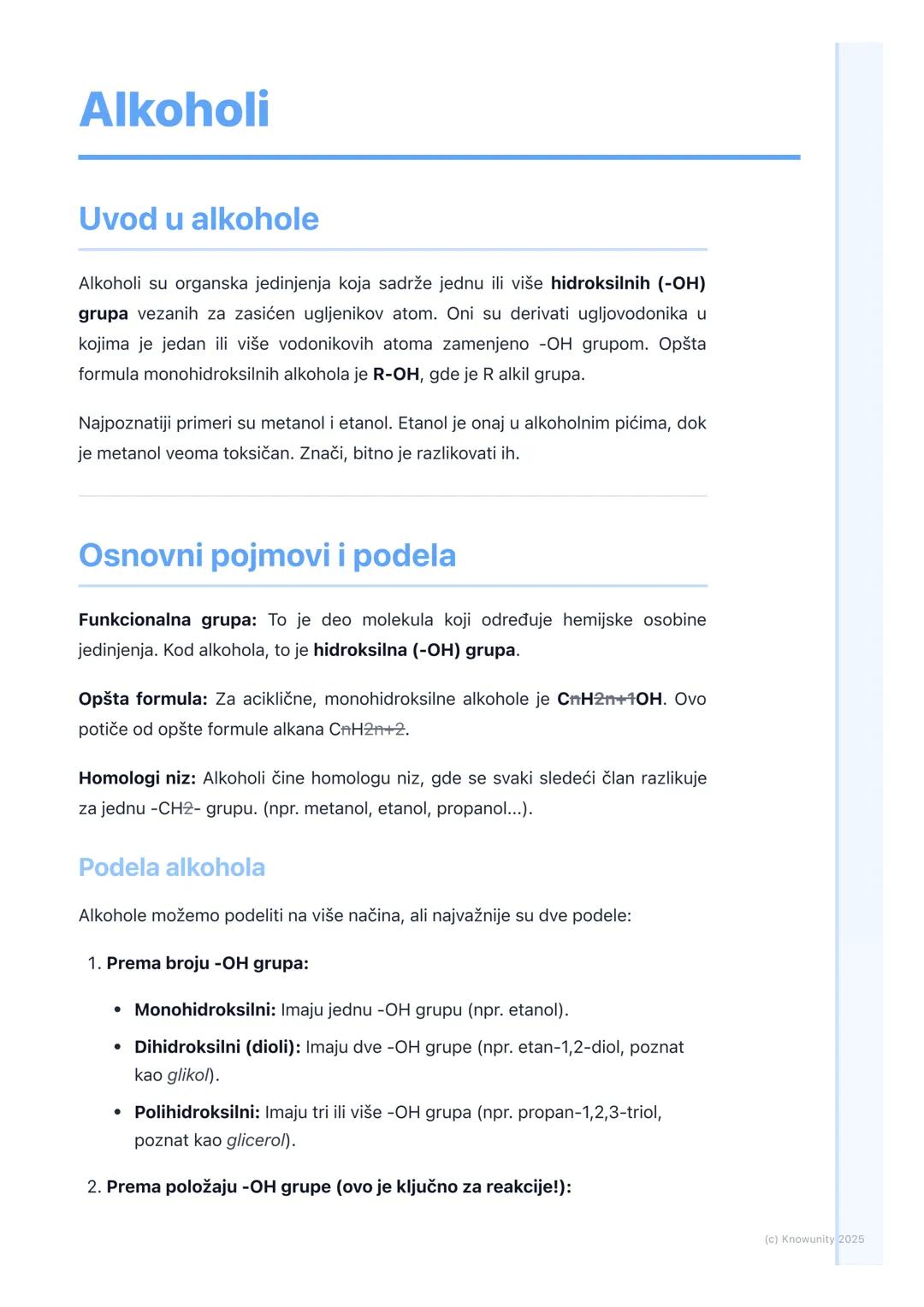 # Alkoholi

Uvod u alkohole

Alkoholi su organska jedinjenja koja sadrže jednu ili više hidroksilnih (-OH)
grupa vezanih za zasićen ugljenik