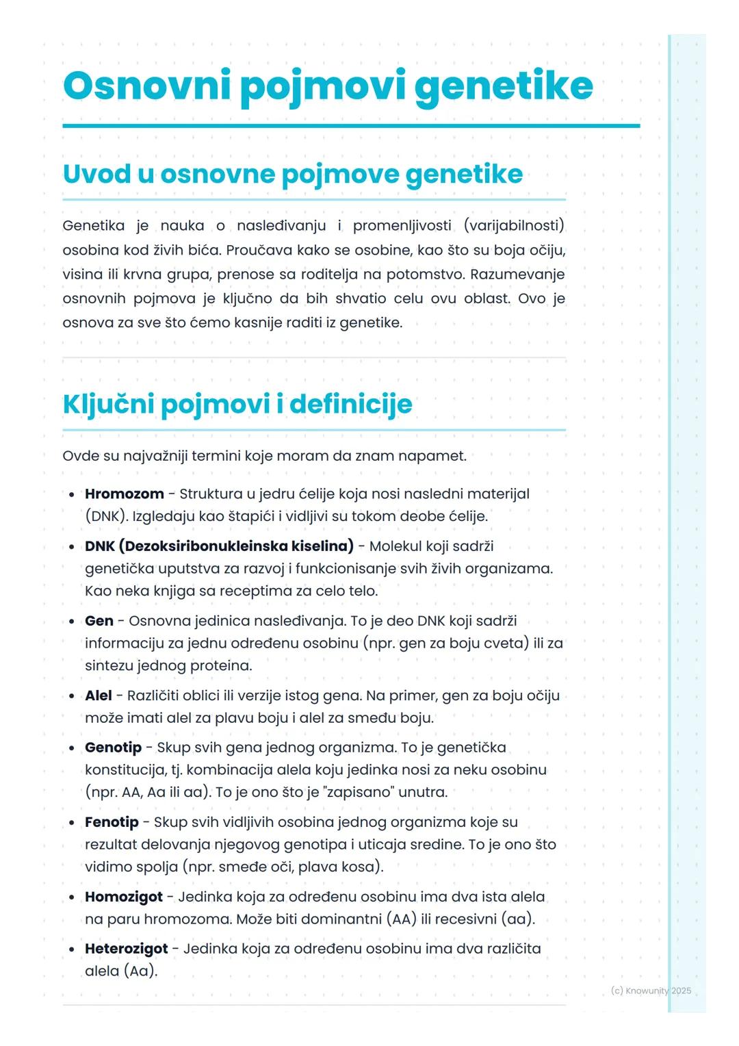 # Osnovni pojmovi genetike

## Uvod u osnovne pojmove genetike

Genetika je nauka o nasleđivanju i promenljivosti (varijabilnosti)
osobina k