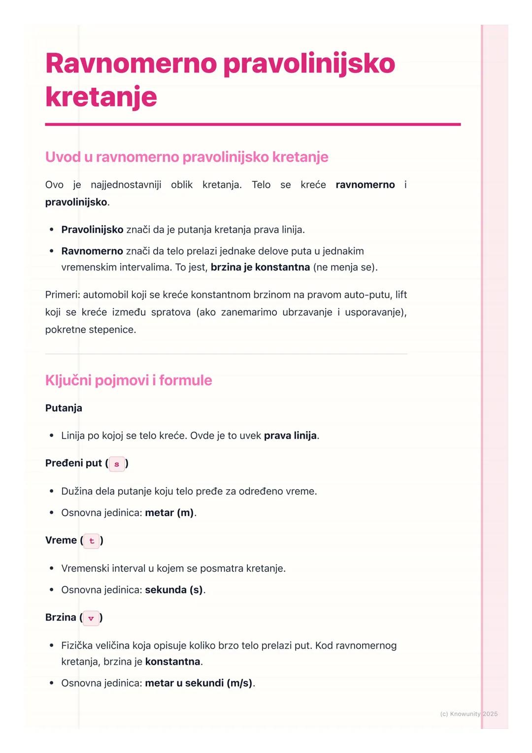 # Ravnomerno pravolinijsko
kretanje

Uvod u ravnomerno pravolinijsko kretanje

Ovo je najjednostavniji oblik kretanja. Telo se kreće ravnome