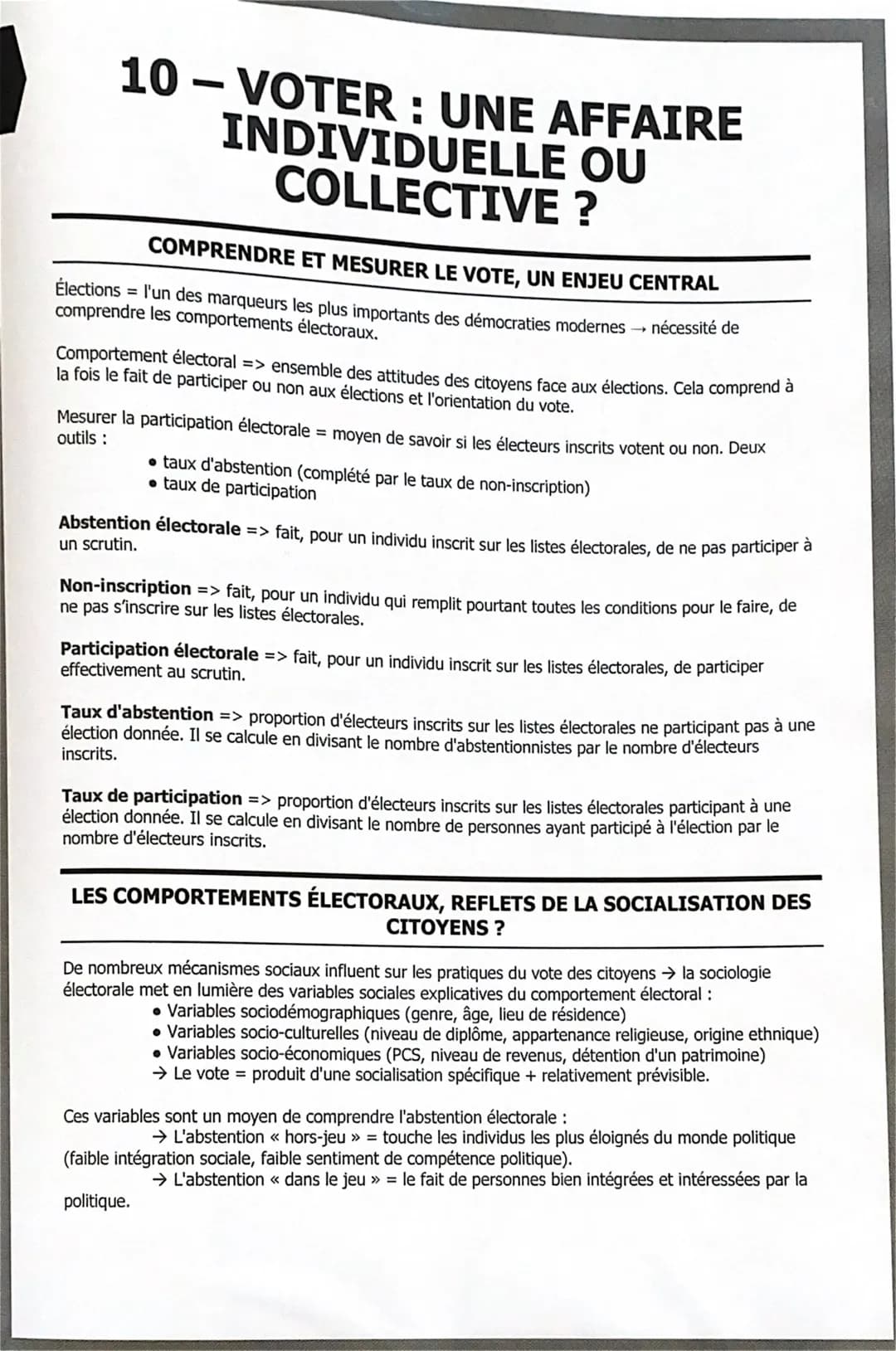 # 10 – VOTER : UNE AFFAIRE
INDIVIDUELLE OU
COLLECTIVE ?

COMPRENDRE ET MESURER LE VOTE, UN ENJEU CENTRAL

Élections = l'un des marqueurs les