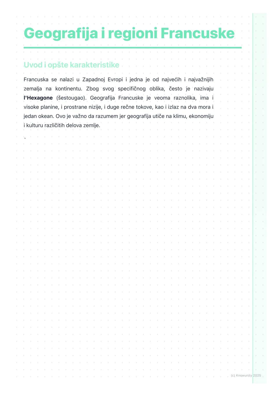 # Geografija i regioni Francuske

Uvod i opšte karakteristike.

Francuska se nalazi u Zapadnoj Evropi i jedna je od najvećih i najvažnijih
z