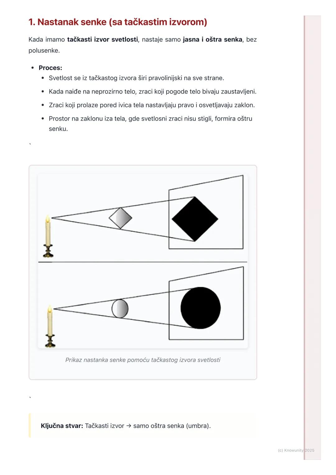 # Senka i polusenka

## Uvod: Šta su senka i polusenka?

Svetlost putuje pravo. To se zove pravolinijsko prostiranje svetlosti. Kada
svetlos
