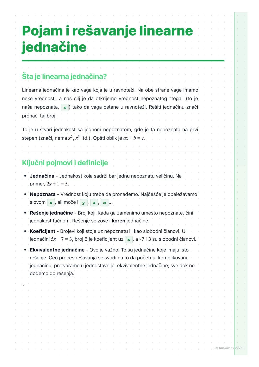 # Pojam i rešavanje linearne
jednačine

Šta je linearna jednačina?

Linearna jednačina je kao vaga koja je u ravnoteži. Na obe strane vage i