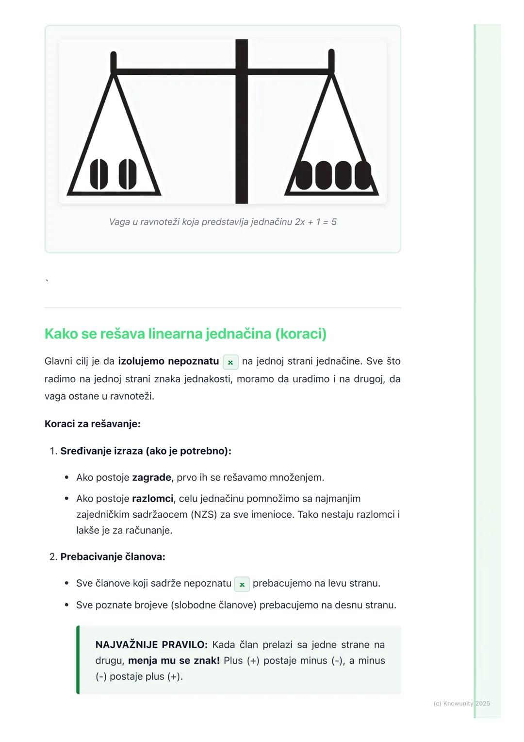 # Pojam i rešavanje linearne
jednačine

Šta je linearna jednačina?

Linearna jednačina je kao vaga koja je u ravnoteži. Na obe strane vage i