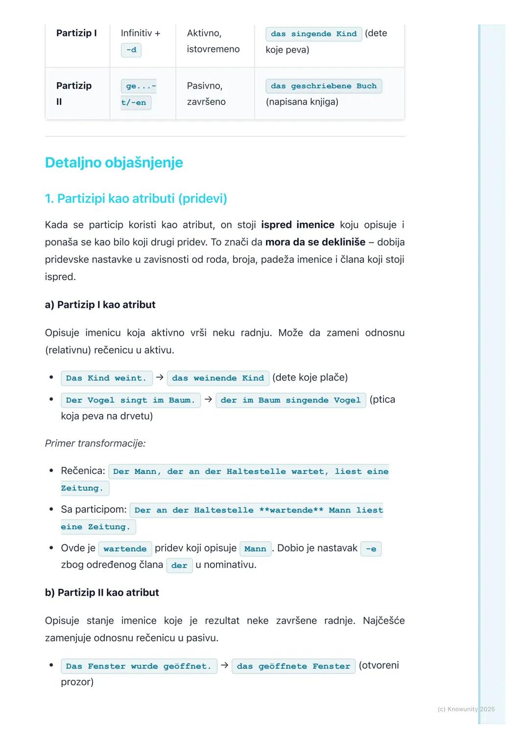 # Partizip I i II kao atributi i
prilozi

Uvod u participe kao atribute i priloge

Partizip I i Partizip II se ne koriste samo za građenje v