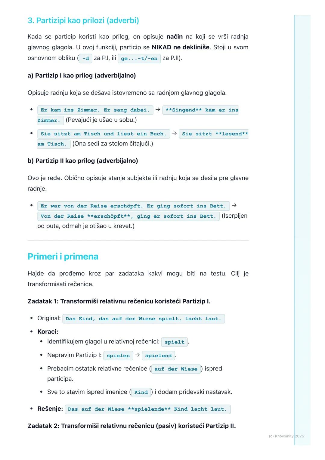 # Partizip I i II kao atributi i
prilozi

Uvod u participe kao atribute i priloge

Partizip I i Partizip II se ne koriste samo za građenje v