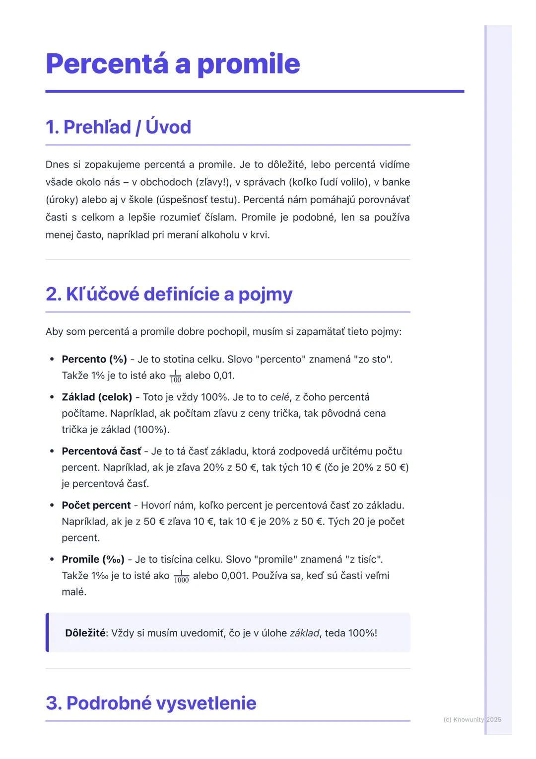 # Percentá a promile

1. Prehľad / Úvod

Dnes si zopakujeme percentá a promile. Je to dôležité, lebo percentá vidíme
všade okolo nás - v obc