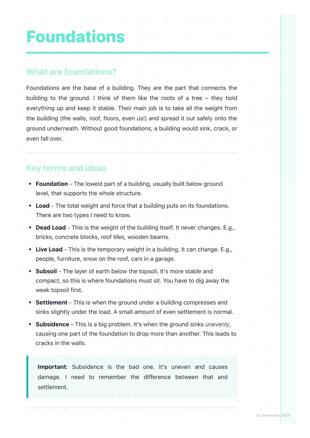 # Foundations

## What are foundations?

Foundations are the base of a building. They are the part that connects the
building to the ground.