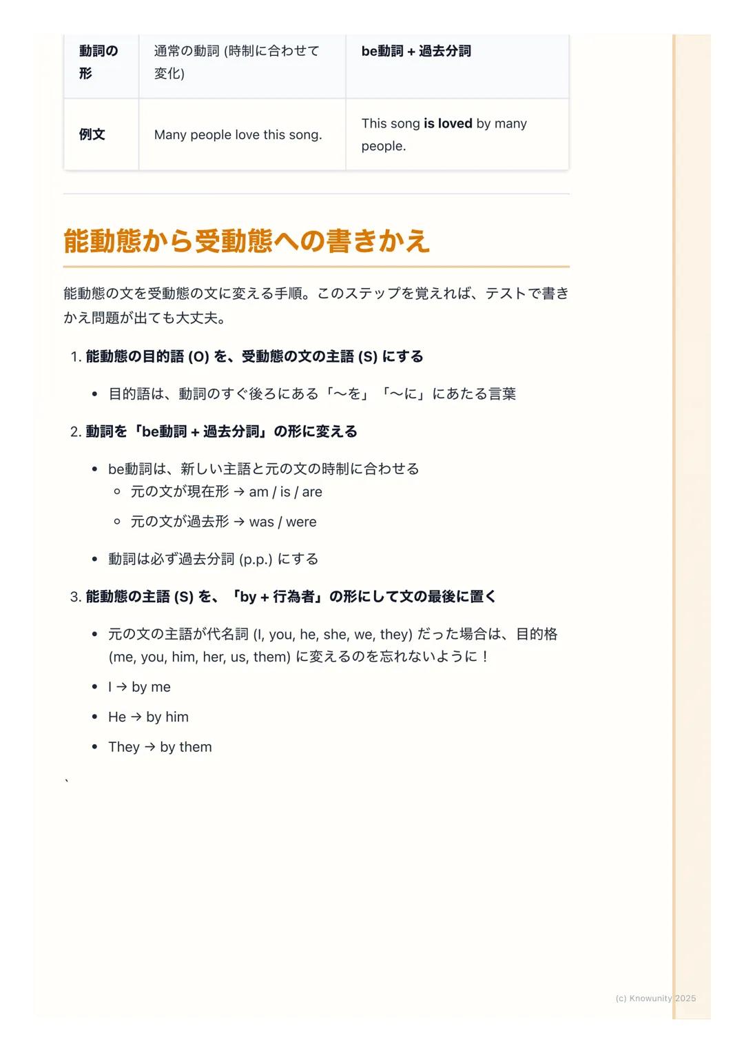 # 受動態の基本

受動態とは何か

「~される」「~された」という意味を表す文の形

*   文の主語が、何かを「する」のではなく、何かを「される」立場にあるとき
    に使う
*   誰がその動作をしたかよりも、何がされたかの方を強調したいときに便利
*   能動態(Act
