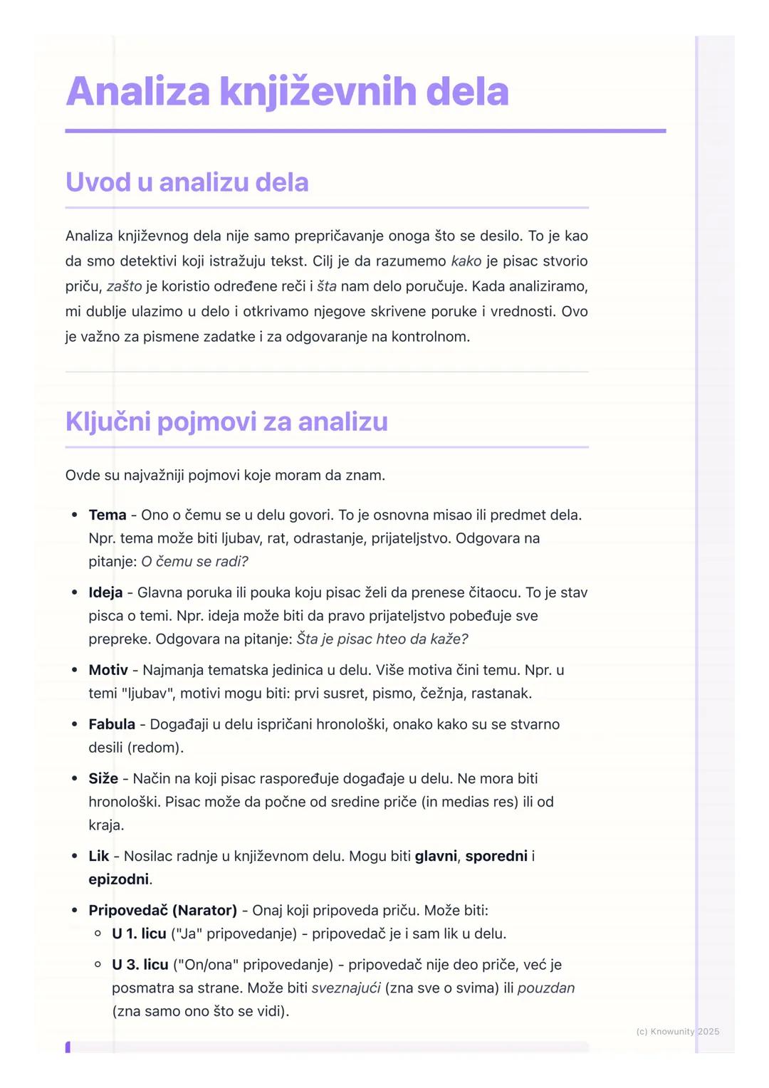 # Analiza književnih dela

## Uvod u analizu dela

Analiza književnog dela nije samo prepričavanje onoga što se desilo. To je kao
da smo det