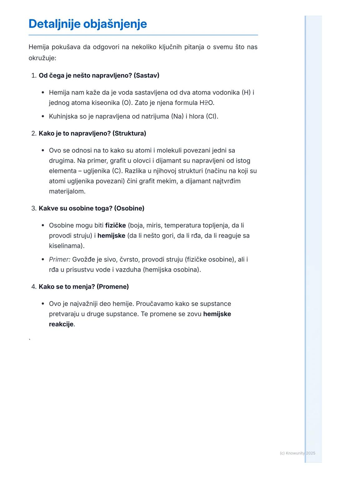 # Šta je hemija?

Uvod: Šta je hemija?

Hemija je prirodna nauka koja proučava supstance od čega su
napravljene, kakve su njihove osobine i 