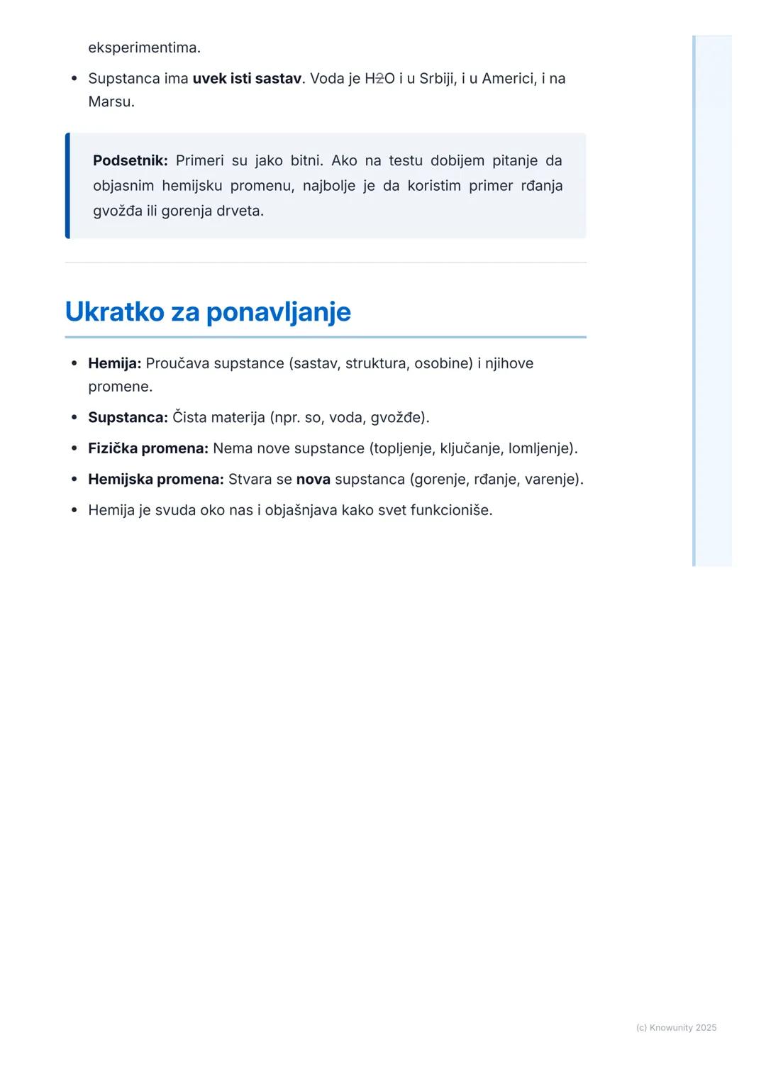 # Šta je hemija?

Uvod: Šta je hemija?

Hemija je prirodna nauka koja proučava supstance od čega su
napravljene, kakve su njihove osobine i 