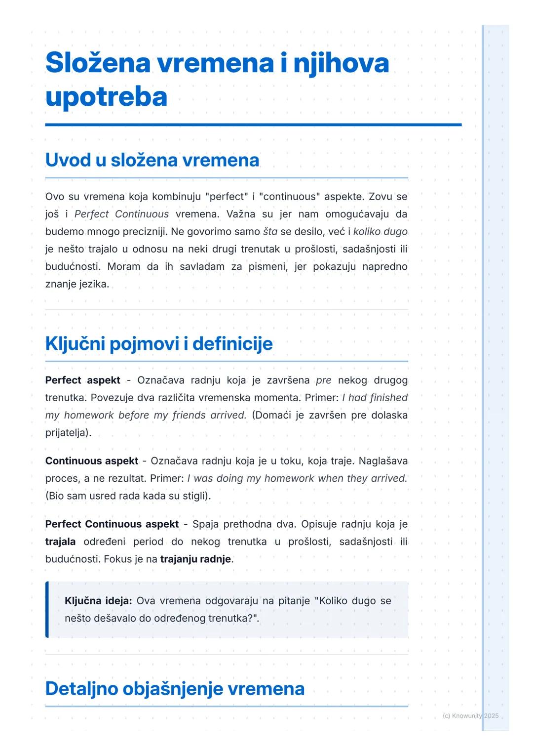 # Složena vremena i njihova
upotreba

Uvod u složena vremena

Ovo su vremena koja kombinuju "perfect" i "continuous" aspekte. Zovu se
još i 