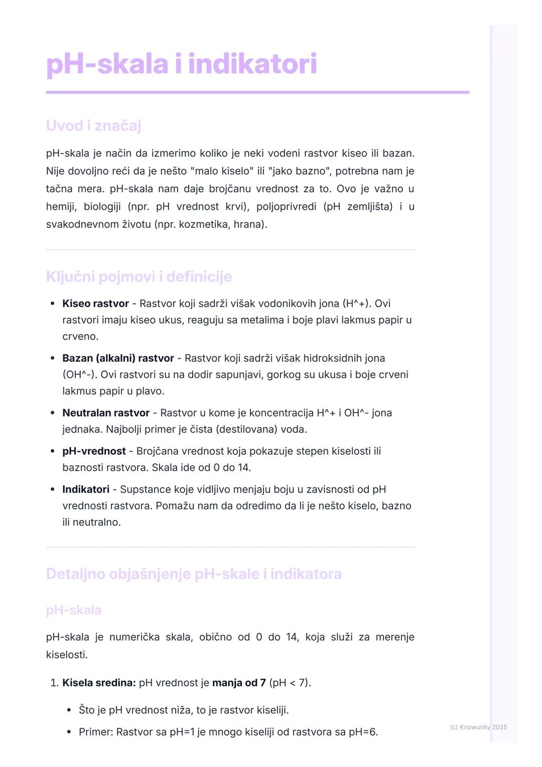 # pH-skala i indikatori

Uvod i značaj

pH-skala je način da izmerimo koliko je neki vodeni rastvor kiseo ili bazan.
Nije dovoljno reći da j
