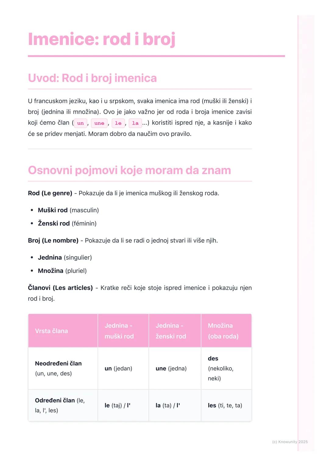 # Imenice: rod i broj

## Uvod: Rod i broj imenica

U francuskom jeziku, kao i u srpskom, svaka imenica ima rod (muški ili ženski) i
broj (j