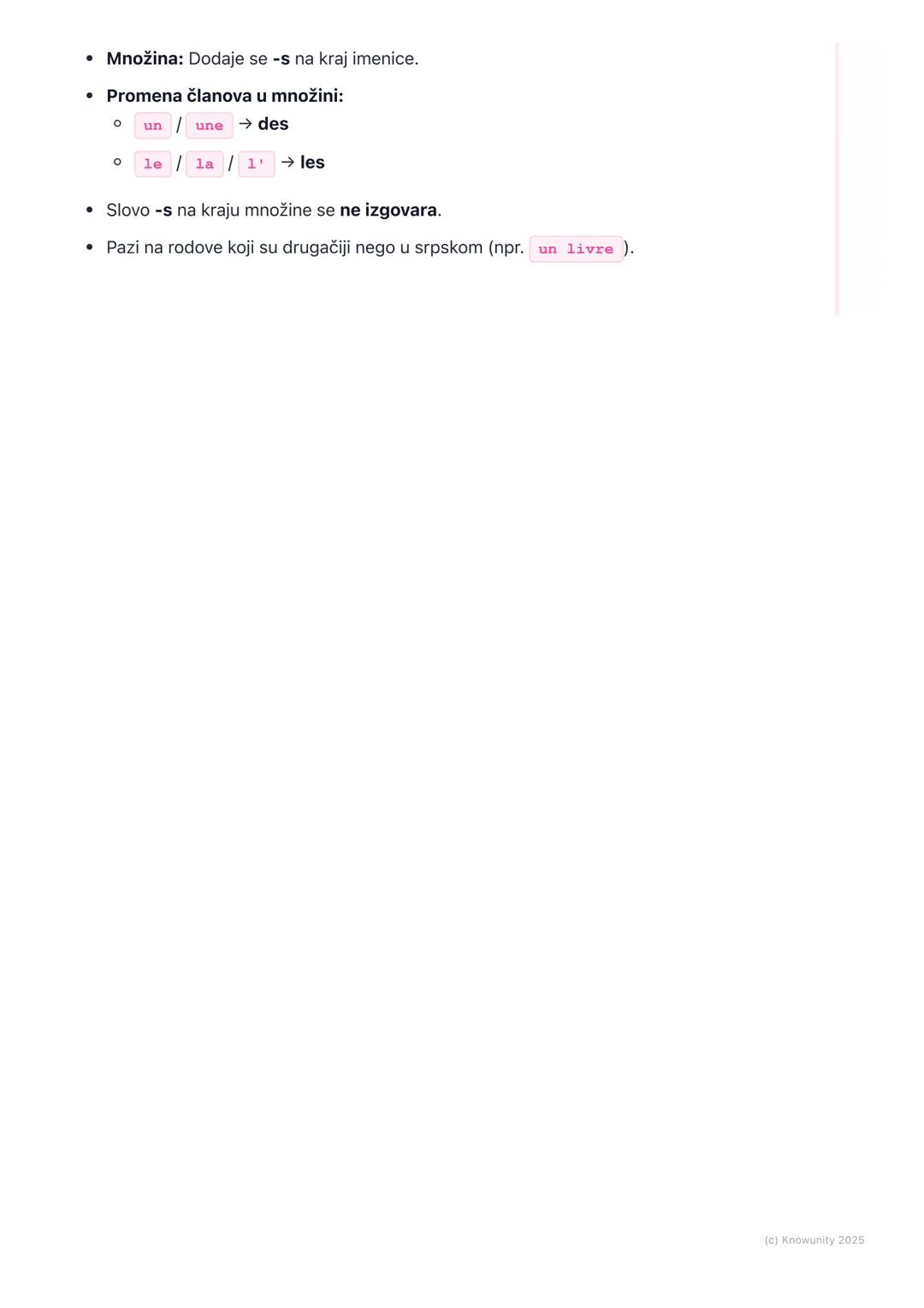 # Imenice: rod i broj

## Uvod: Rod i broj imenica

U francuskom jeziku, kao i u srpskom, svaka imenica ima rod (muški ili ženski) i
broj (j