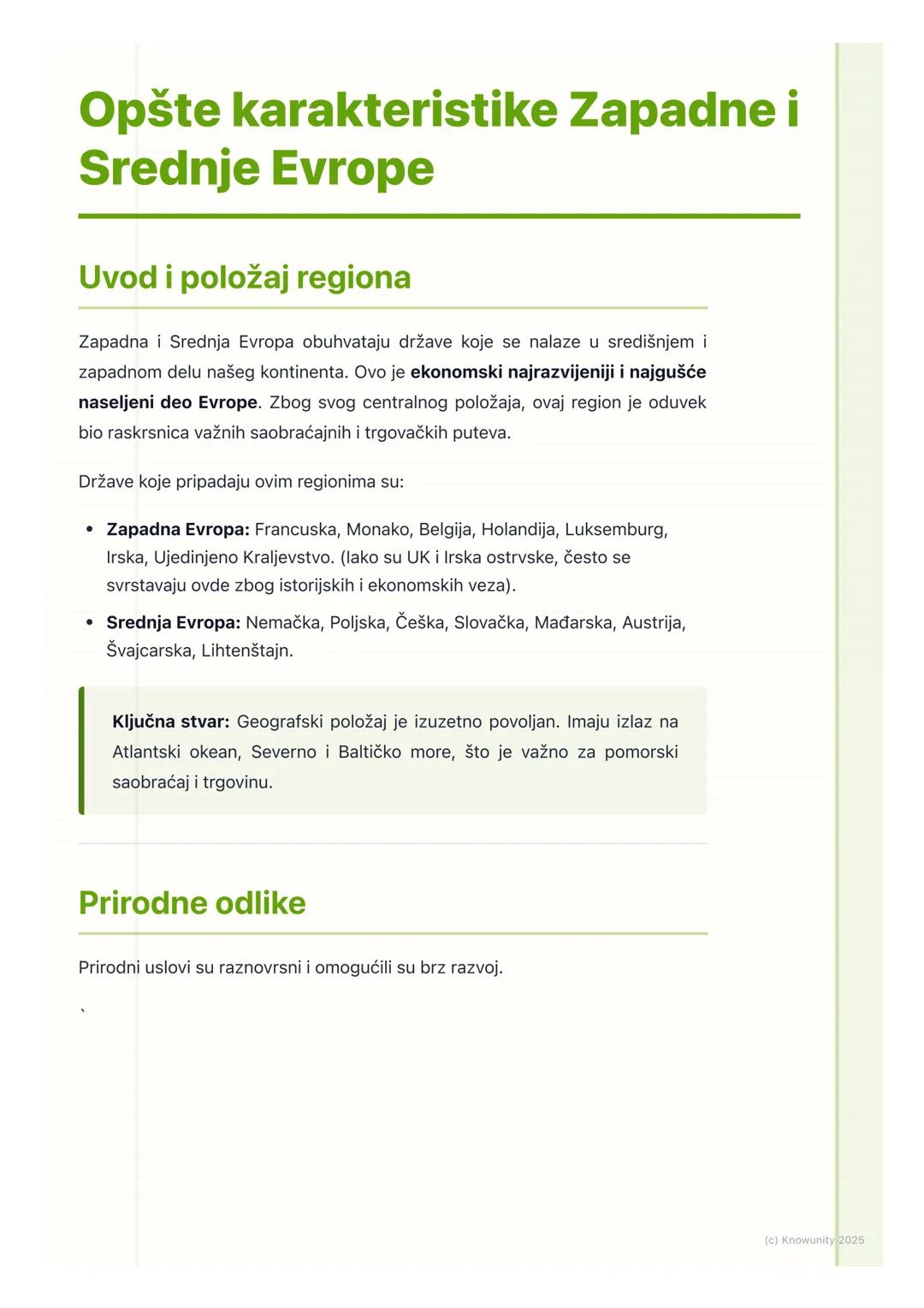 # Opšte karakteristike Zapadne i
Srednje Evrope

Uvod i položaj regiona

Zapadna i Srednja Evropa obuhvataju države koje se nalaze u središn