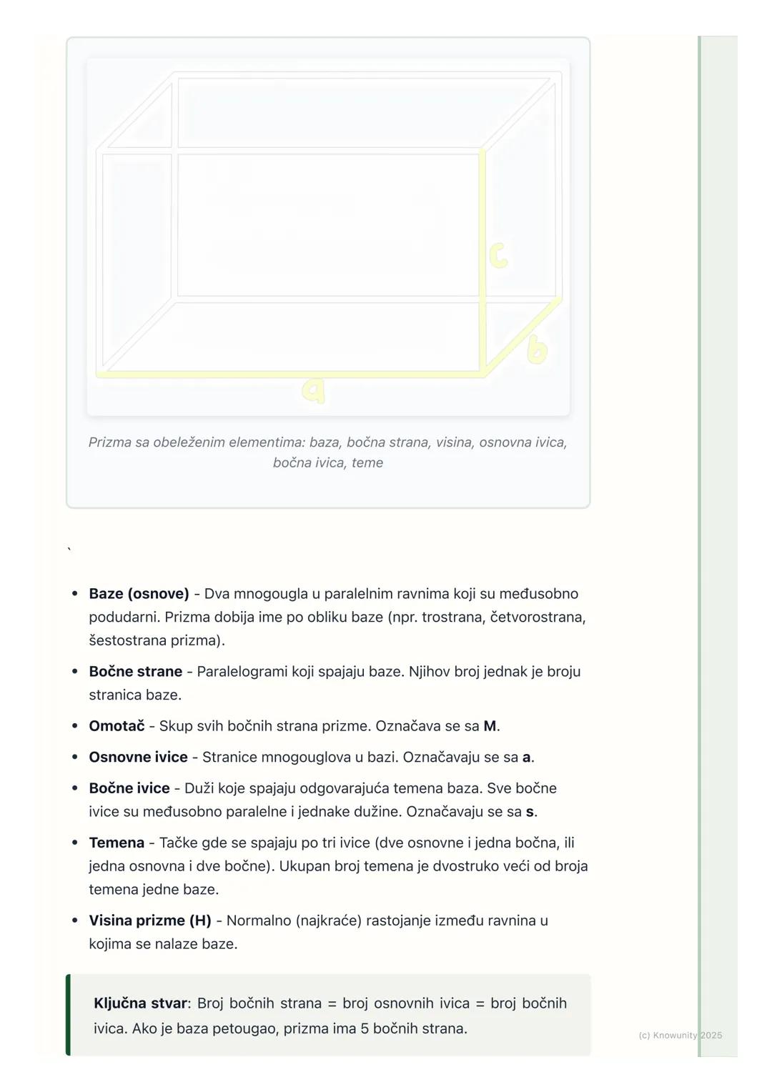 # Prizma

Šta je prizma?

Prizma je geometrijsko telo ograničeno sa dva podudarna i paralelna
mnogougla (koje zovemo baze ili osnove) i para