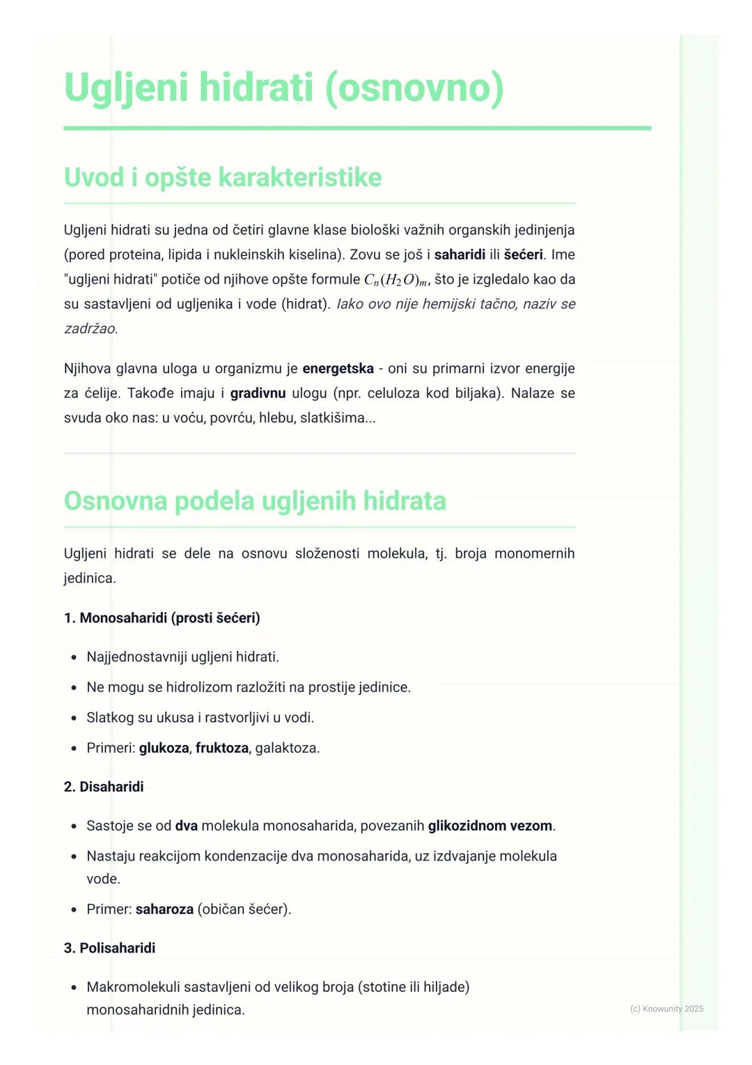 # Ugljeni hidrati (osnovno)

## Uvod i opšte karakteristike

Ugljeni hidrati su jedna od četiri glavne klase biološki važnih organskih jedin