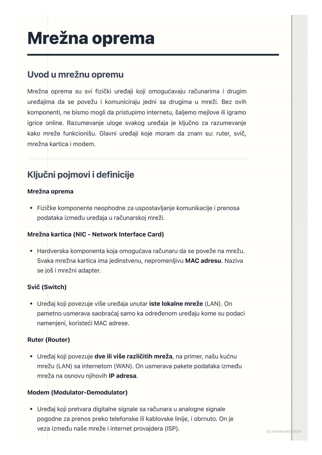 # Mrežna oprema

Uvod u mrežnu opremu

Mrežna oprema su svi fizički uređaji koji omogućavaju računarima i drugim
uređajima da se povežu i ko