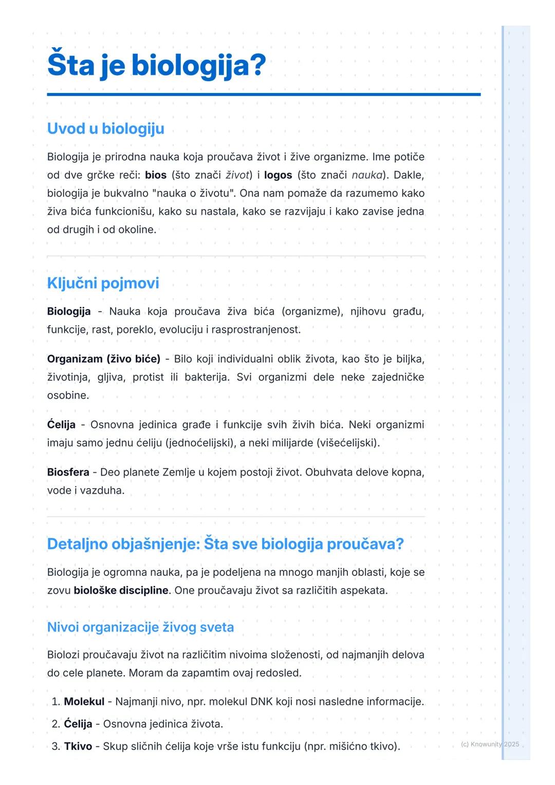 # Šta je biologija?

Uvod u biologiju

Biologija je prirodna nauka koja proučava život i žive organizme. Ime potiče
od dve grčke reči: bios 