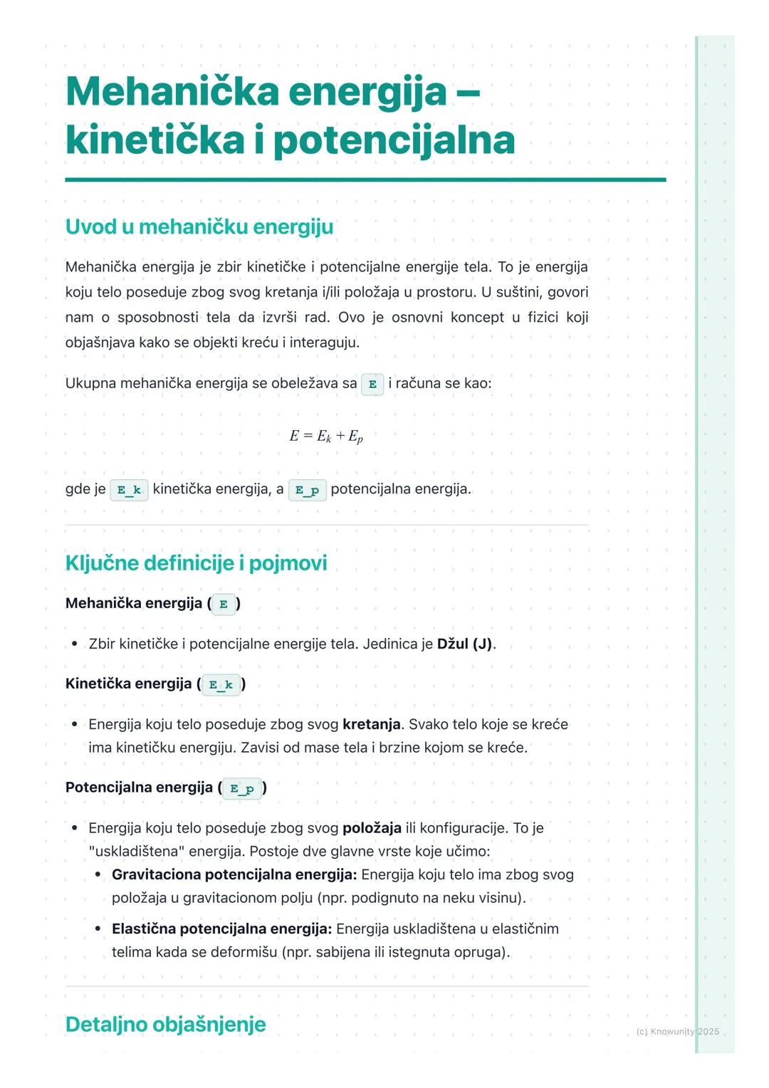 # Mehanička energija –
kinetička i potencijalna

Uvod u mehaničku energiju

Mehanička energija je zbir kinetičke i potencijalne energije tel