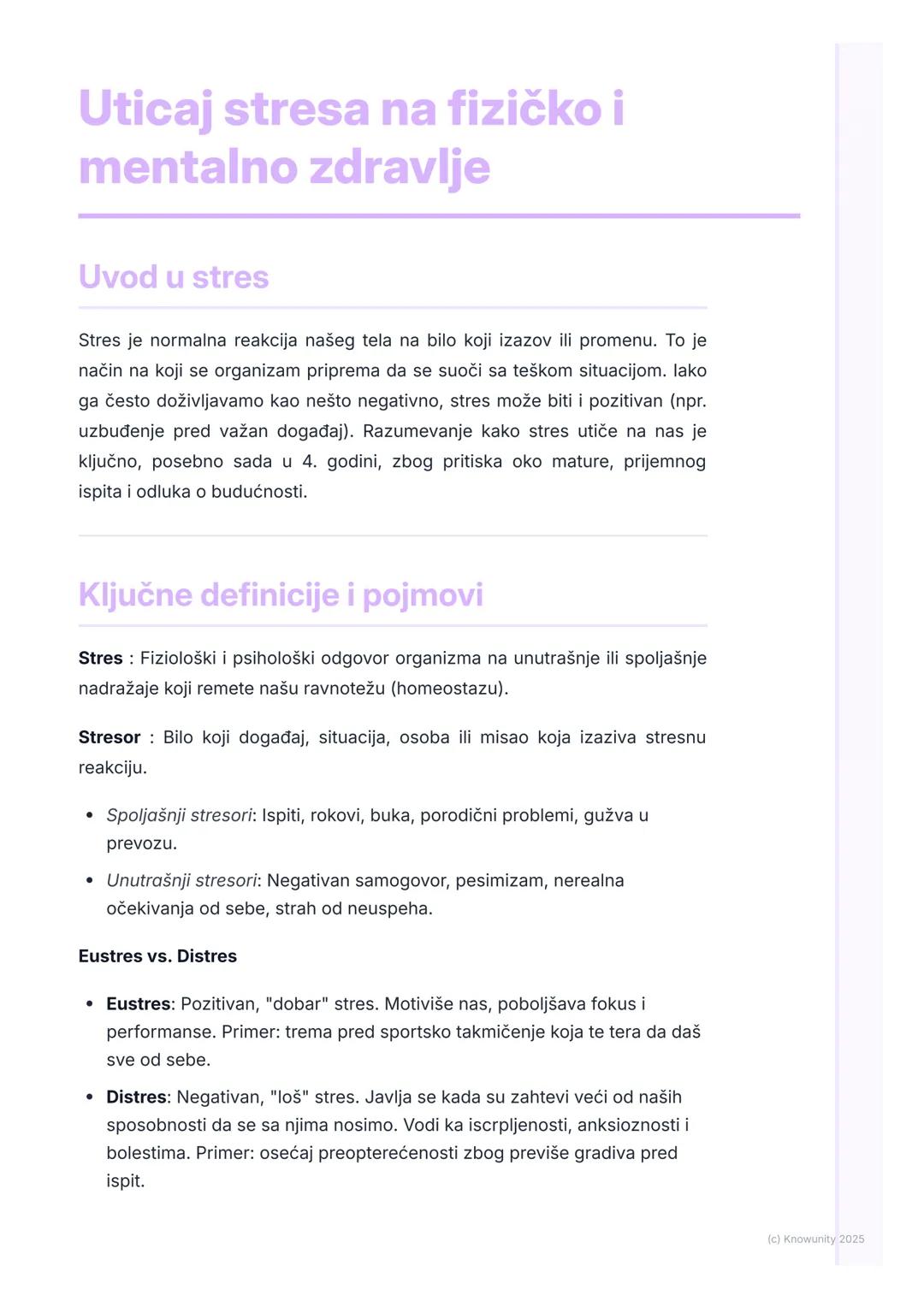 # Uticaj stresa na fizičko i
mentalno zdravlje

Uvod u stres

Stres je normalna reakcija našeg tela na bilo koji izazov ili promenu. To je
n