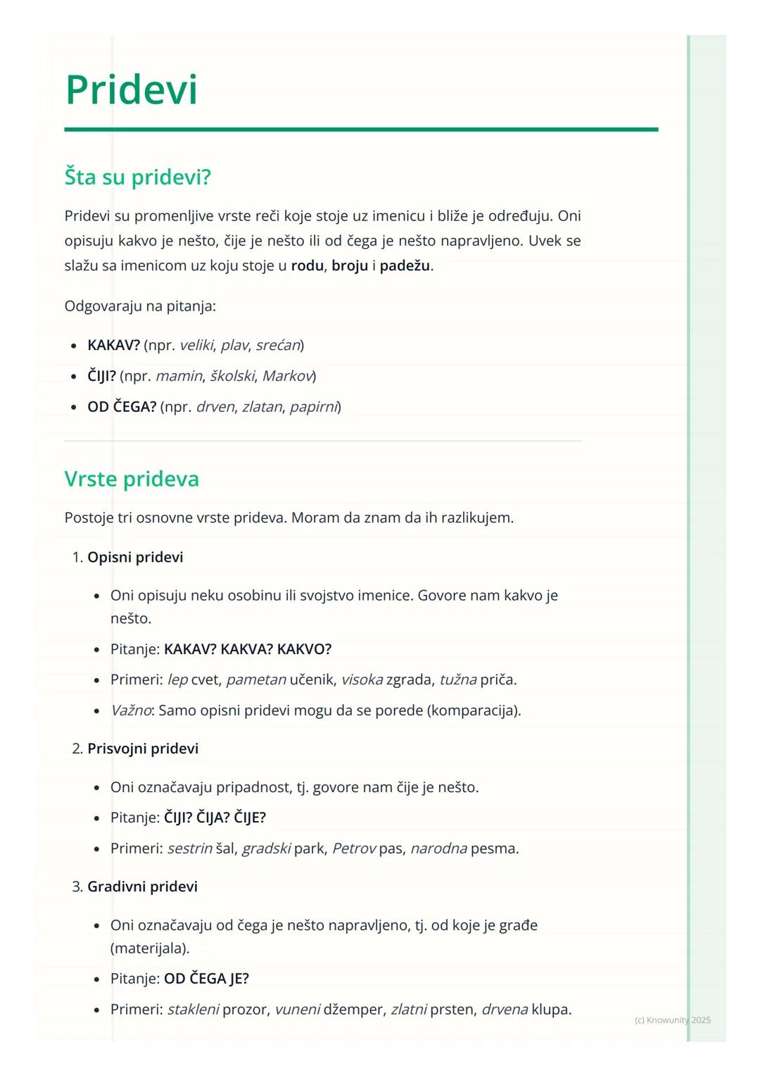 # Pridevi

## Šta su pridevi?

Pridevi su promenljive vrste reči koje stoje uz imenicu i bliže je određuju. Oni
opisuju kakvo je nešto, čije