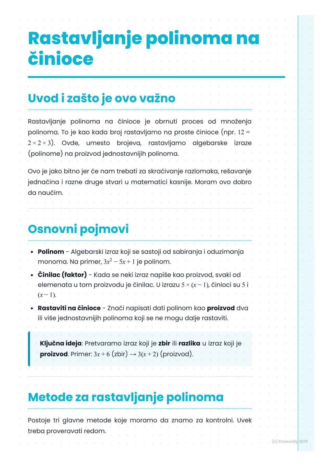 # Rastavljanje polinoma na
činioce

## Uvod i zašto je ovo važno

Rastavljanje polinoma na činioce je obrnuti proces od množenja
polinoma. T