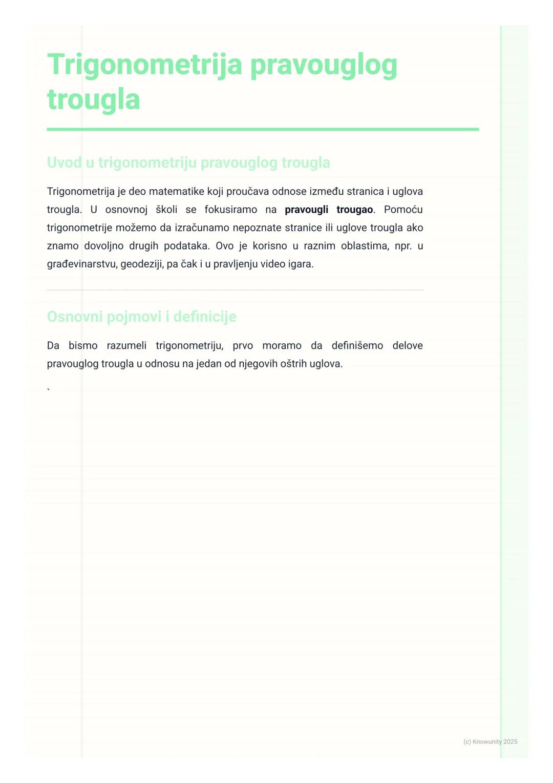 # Trigonometrija pravouglog
trougla

Uvod u trigonometriju pravouglog trougla

Trigonometrija je deo matematike koji proučava odnose između 