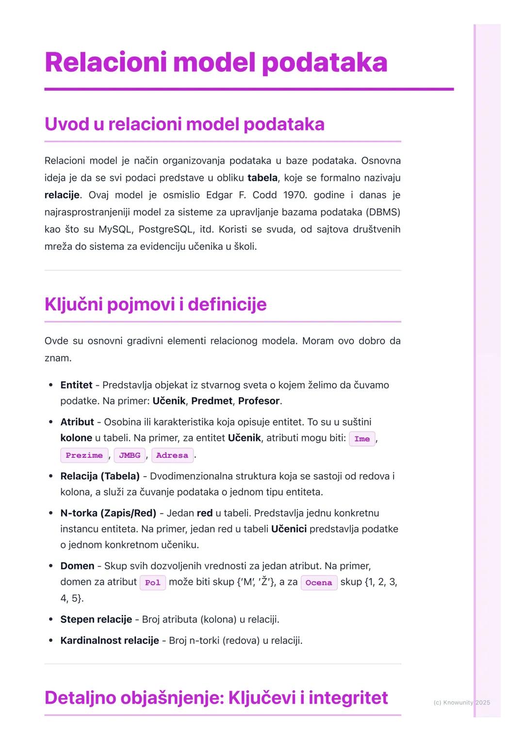 # Relacioni model podataka

## Uvod u relacioni model podataka

Relacioni model je način organizovanja podataka u baze podataka. Osnovna
ide