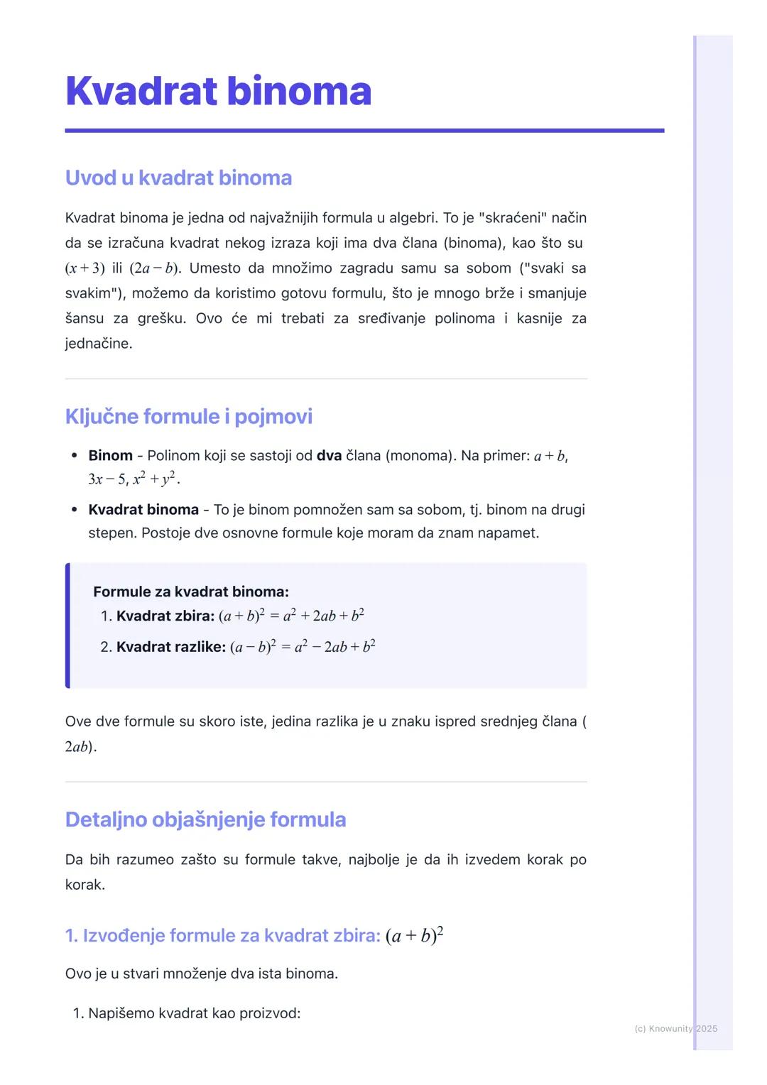 # Kvadrat binoma

Uvod u kvadrat binoma

Kvadrat binoma je jedna od najvažnijih formula u algebri. To je "skraćeni" način
da se izračuna kva