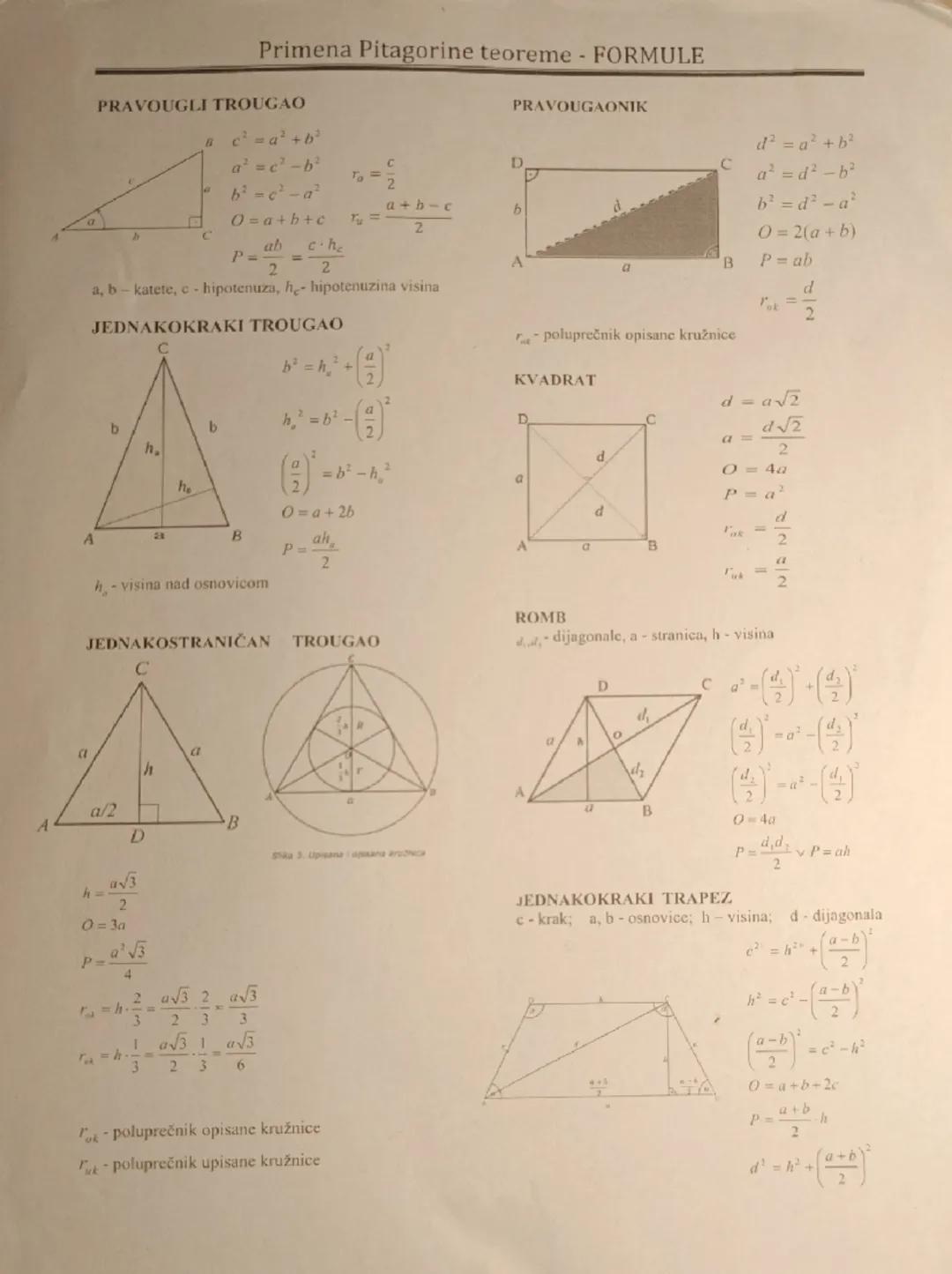 # Primena Pitagorine teoreme - FORMULE

PRAVOUGLI TROUGAO

$c²= a²+b²$

$a²= c²-b²$

$b²= c²-a²$

$O=a+b+c$

$P = \frac{ab}{2} = \frac{c \cd