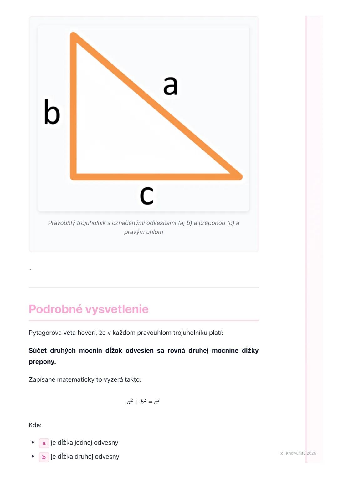 # Pytagorova veta a jej použitie

Úvod do Pytagorovej vety

Pytagorova veta je super dôležitá vec v matematike, hlavne v geometrii.
Pomáha n