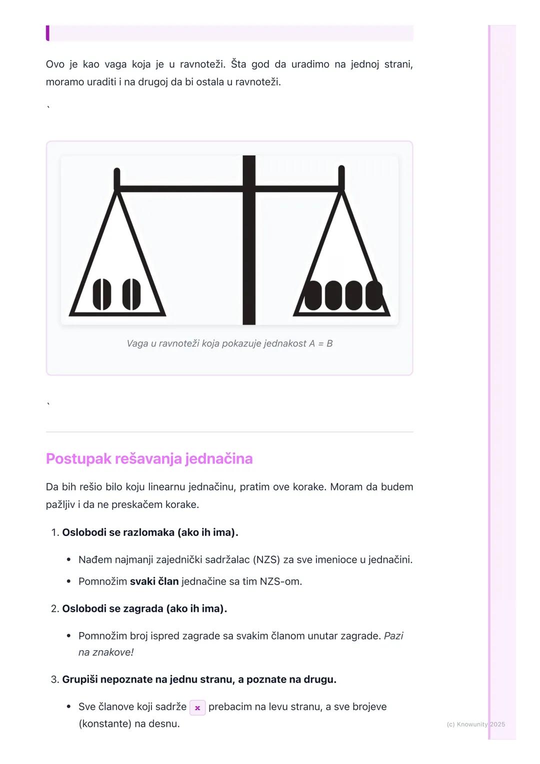 # Linearne jednačine sa jednom
nepoznatom

Uvod u linearne jednačine

Linearne jednačine su kao zagonetke gde treba da pronađemo vrednost
ne