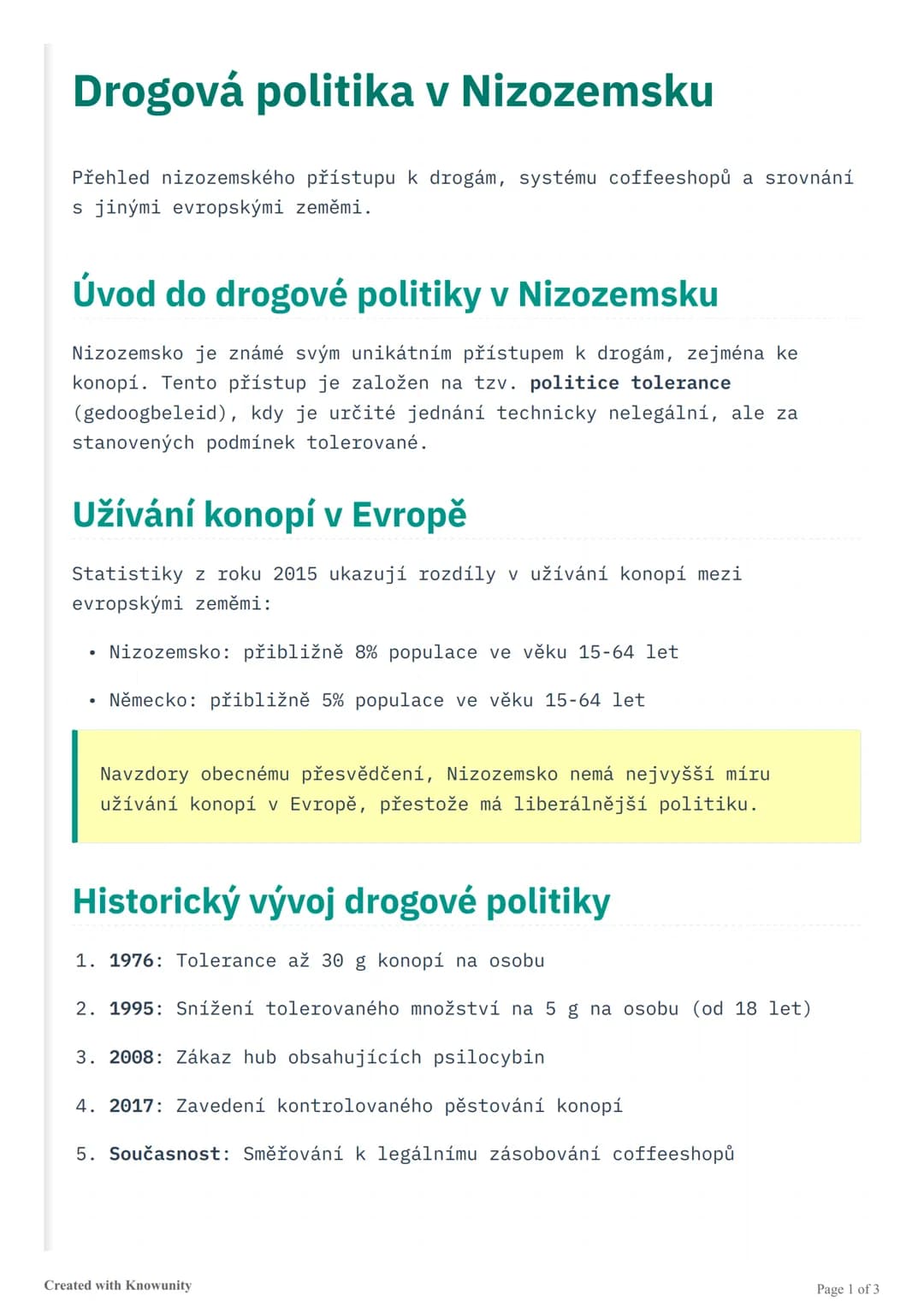 # Drogová politika v Nizozemsku

Přehled nizozemského přístupu k drogám, systému coffeeshopů a srovnání
s jinými evropskými zeměmi.

## Úvod