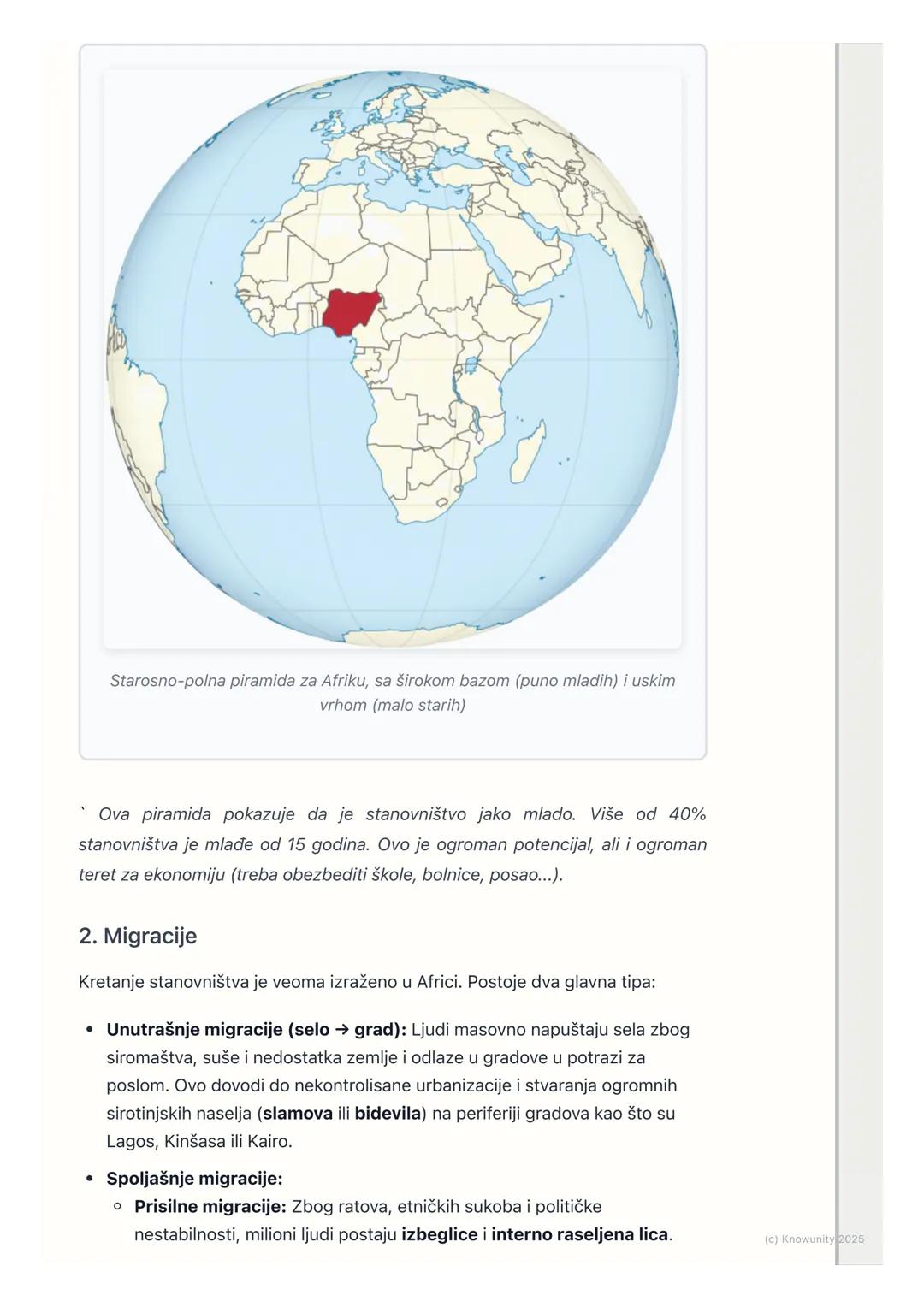 # Stanovništvo i naselja Afrike

Opšte odlike stanovništva Afrike

Afrika je drugi najmnogoljudniji kontinent, odmah posle Azije. Ima preko 