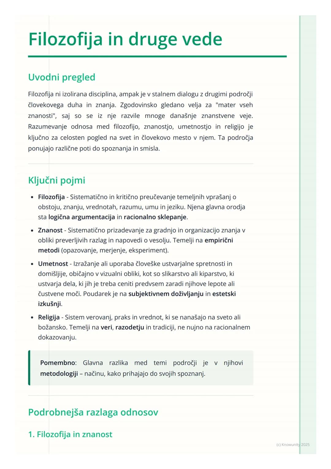 # Filozofija in druge vede

Uvodni pregled

Filozofija ni izolirana disciplina, ampak je v stalnem dialogu z drugimi področji
človekovega du