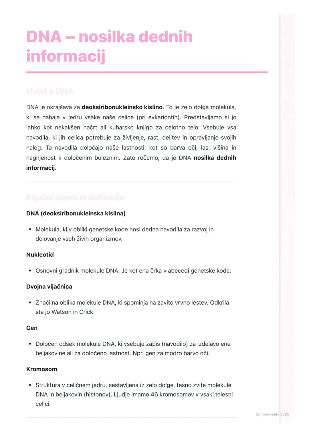 # DNA - nosilka dednih
informacij

Uvod v DNA

DNA je okrajšava za deoksiribonukleinsko kislino. To je zelo dolga molekula,
ki se nahaja v j