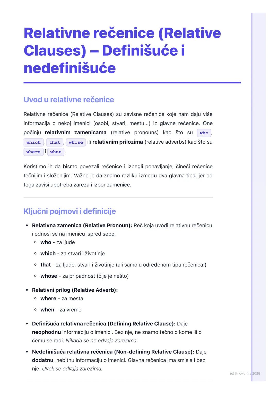 # Relativne rečenice (Relative
Clauses) – Definišuće i
nedefinišuće

Uvod u relativne rečenice

Relativne rečenice (Relative Clauses) su zav