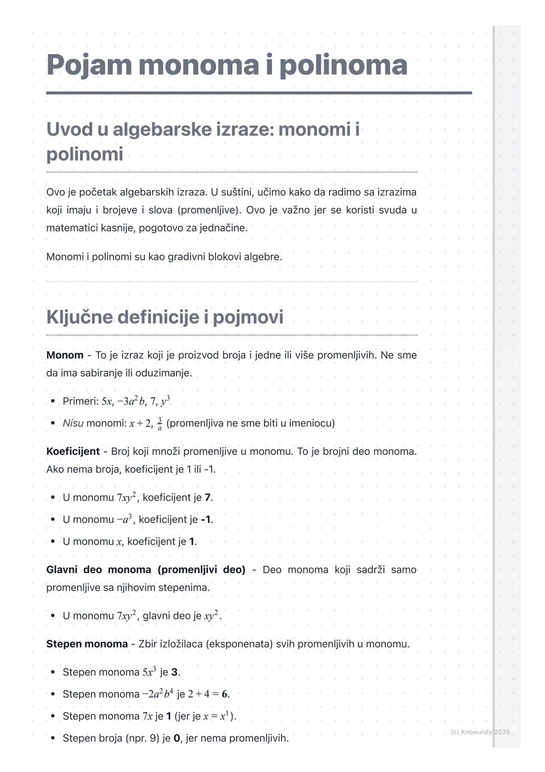 # Pojam monoma i polinoma

Uvod u algebarske izraze: monomi i
polinomi

Ovo je početak algebarskih izraza. U suštini, učimo kako da radimo s