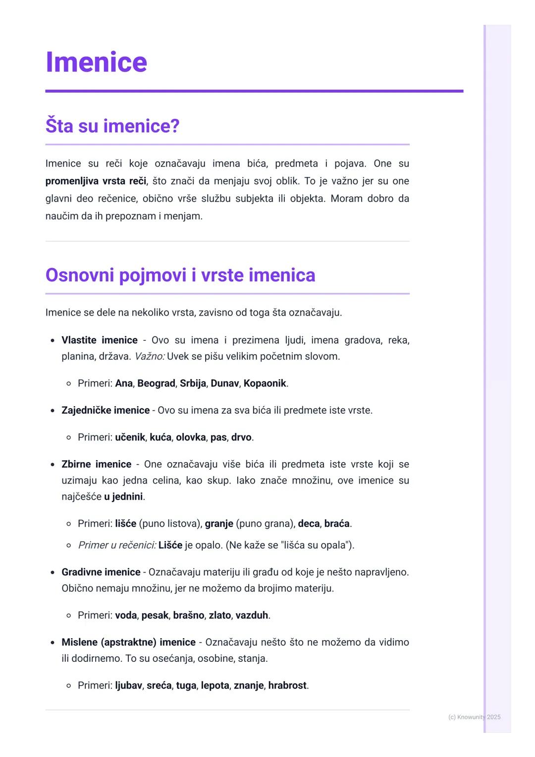 # Imenice

Šta su imenice?

Imenice su reči koje označavaju imena bića, predmeta i pojava. One su
promenljiva vrsta reči, što znači da menja