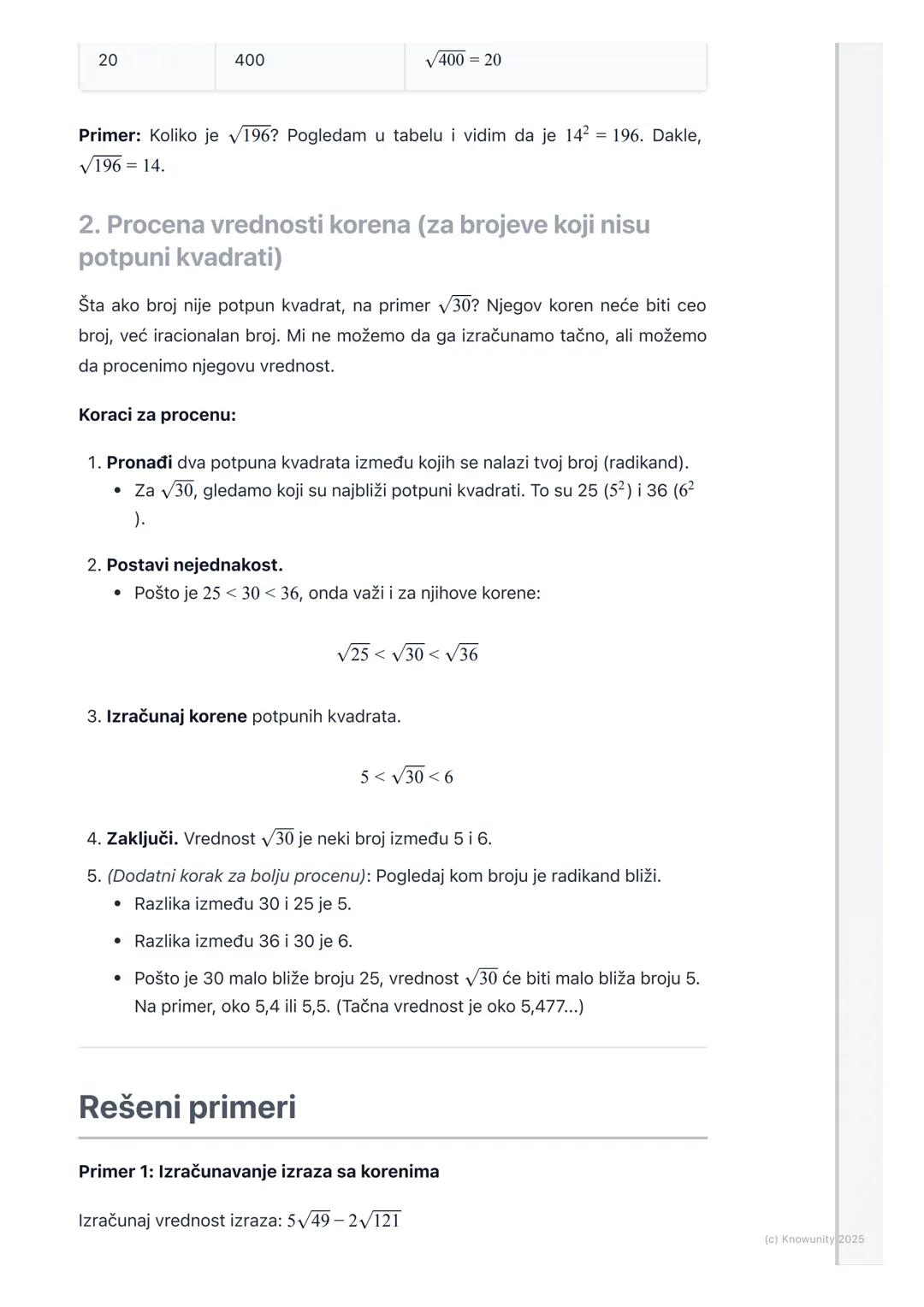 # Izračunavanje kvadratnog
korena

Uvod u kvadratni koren

Kvadratni koren je matematička operacija suprotna kvadriranju. Kao što su
sabiran