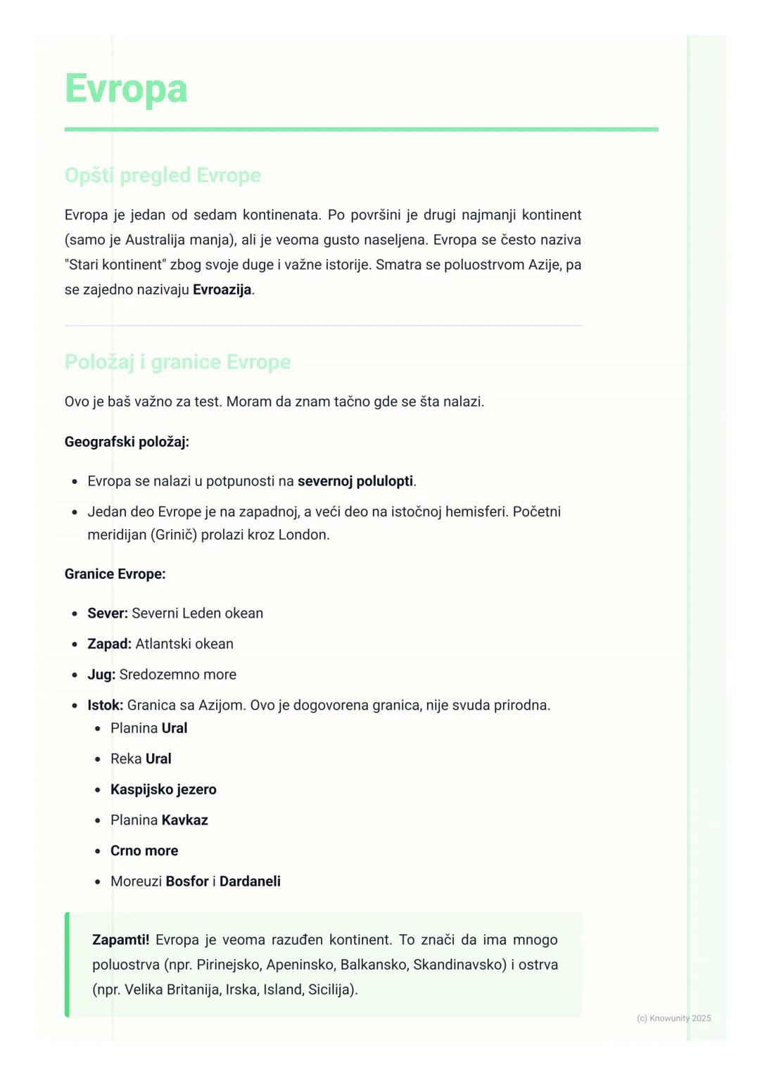 # Evropa

## Opšti pregled Evrope

Evropa je jedan od sedam kontinenata. Po površini je drugi najmanji kontinent
(samo je Australija manja),