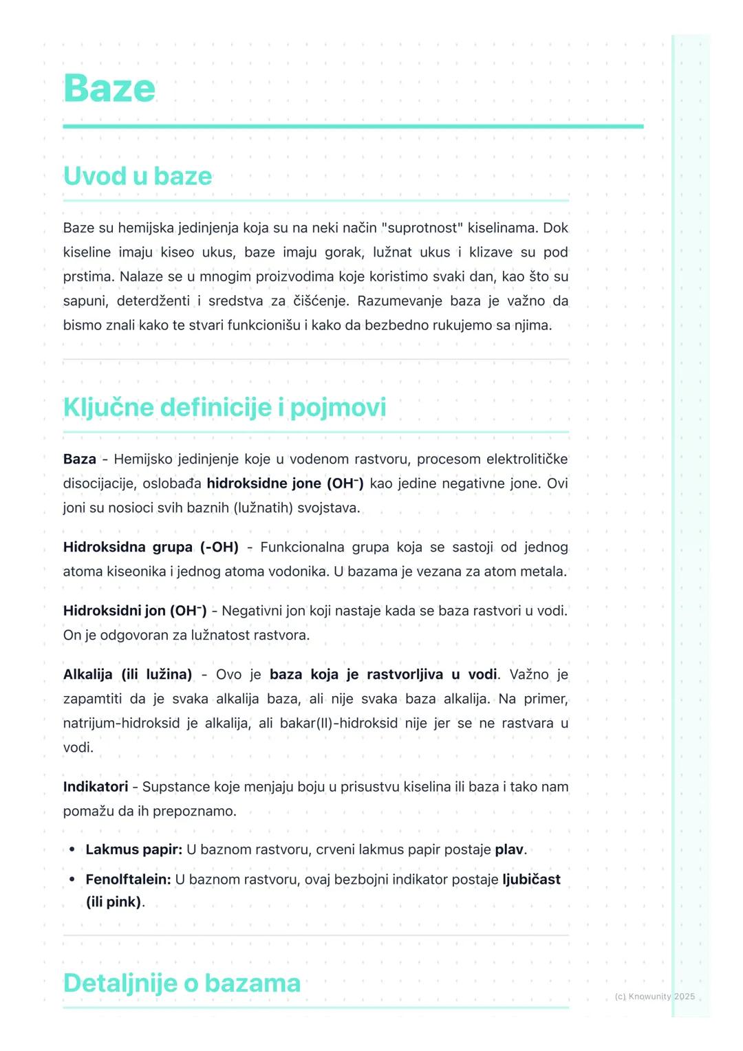# Baze

## Uvod u baze

Baze su hemijska jedinjenja koja su na neki način "suprotnost" kiselinama. Dok
kiseline imaju kiseo ukus, baze imaju