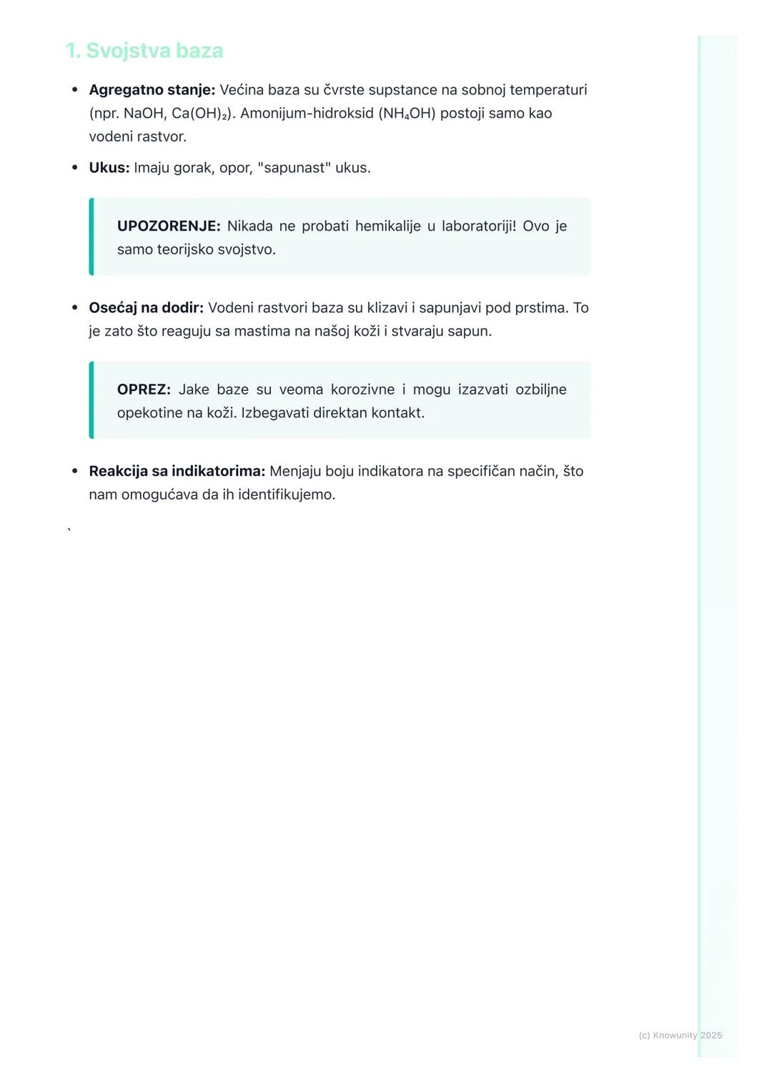 # Baze

## Uvod u baze

Baze su hemijska jedinjenja koja su na neki način "suprotnost" kiselinama. Dok
kiseline imaju kiseo ukus, baze imaju